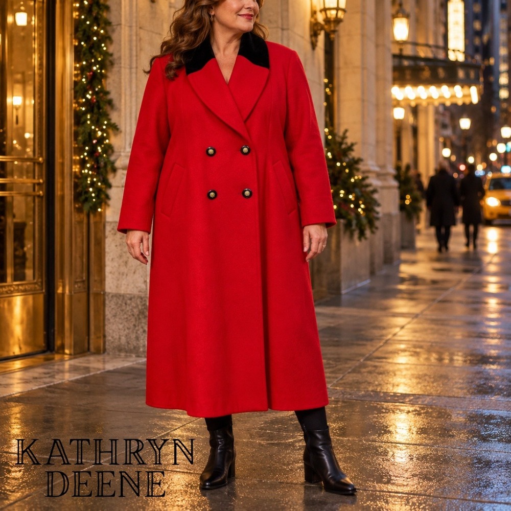 Kathryn Deene Katy D, Vintage Red Wool Blend Long Coat Black Velvet Size 14/16